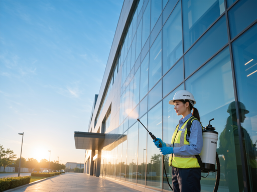 防护装备，工作人员穿着防护服，佩戴安全帽和护目镜，手持清洁工具进行作业